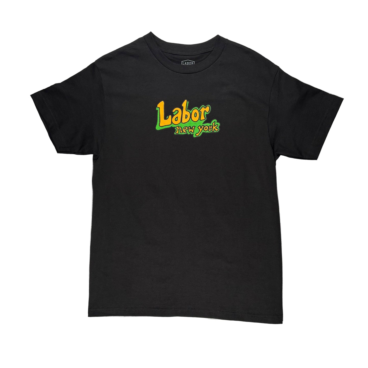 Black t-shirt with 'Labor New York' logo on a white surface