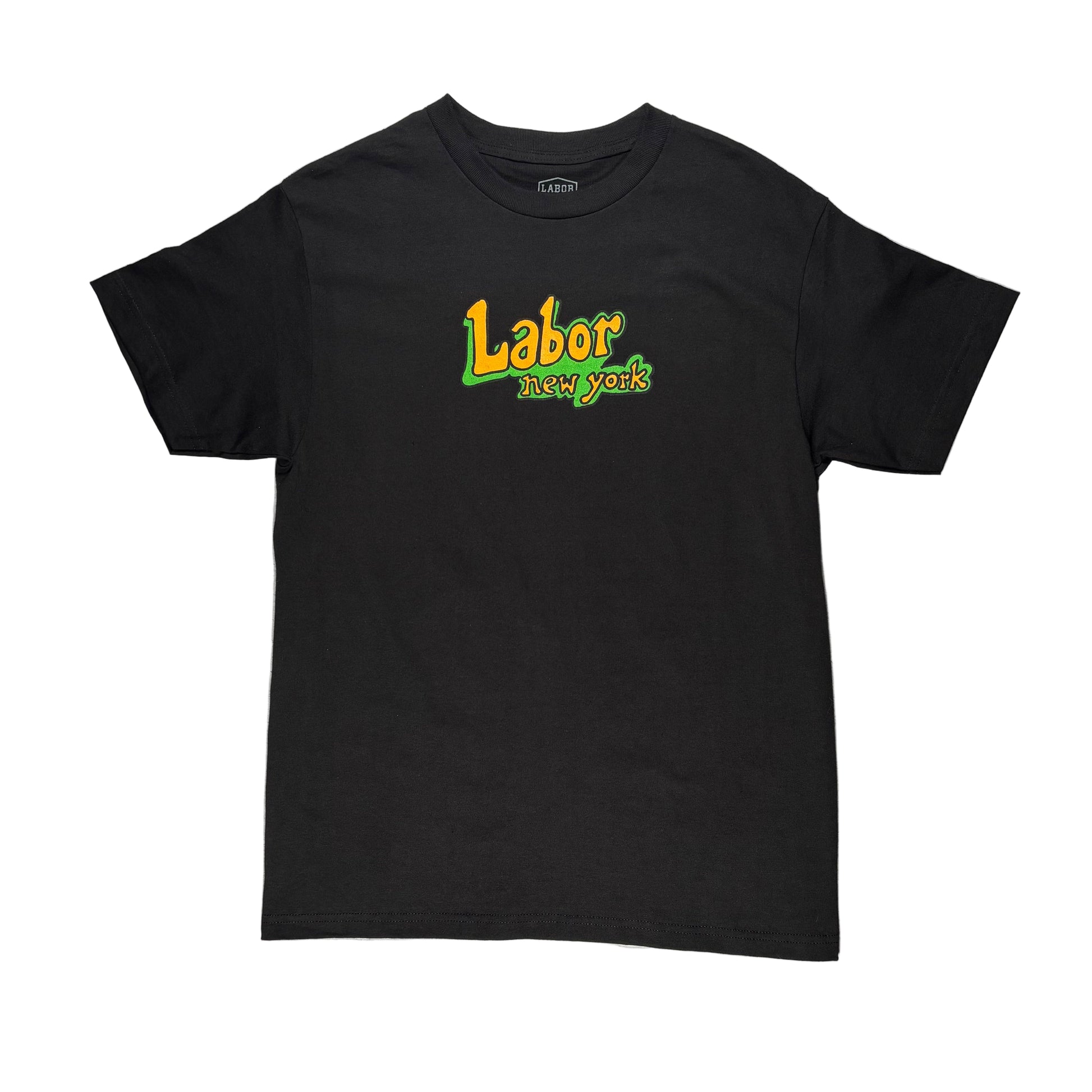 Black t-shirt with 'Labor New York' logo on a white surface
