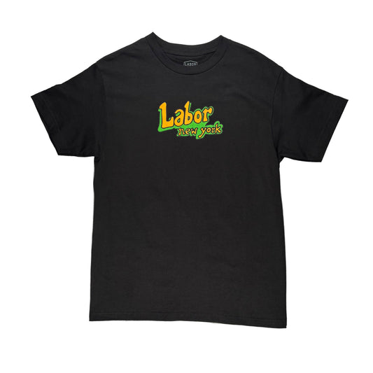 Black t-shirt with 'Labor New York' logo on a white surface