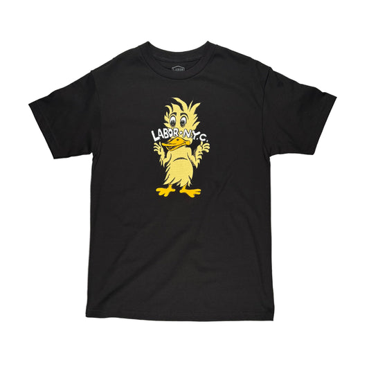 Black t-shirt with a duck character and 'LABOR NYC' text on a white surface.