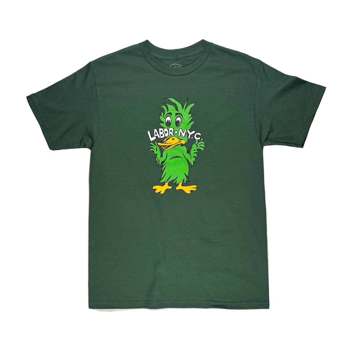 Green t-shirt with a duck character and 'LABOR NYC' text on a white surface.