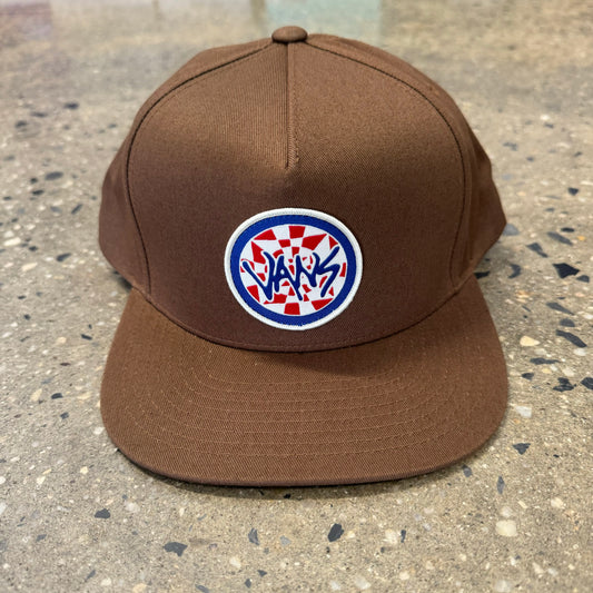 red, white, and blue Vans cirle logo patch on brown five panel cap, front view