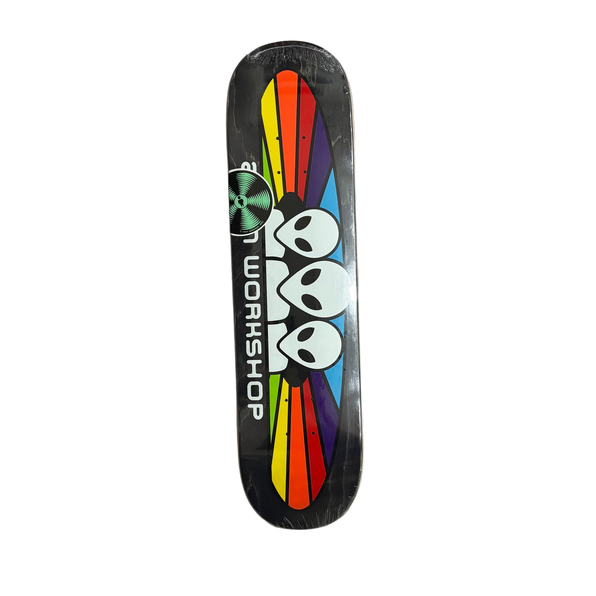 Skateboard deck with colorful design and text on a white surface