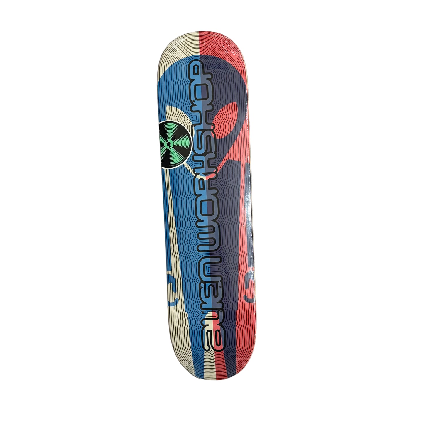 Skateboard deck with colorful design and 'alien workshop' branding on a white surface.