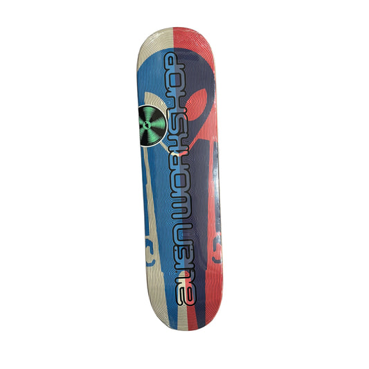 Skateboard deck with colorful design and 'alien workshop' branding on a white surface.