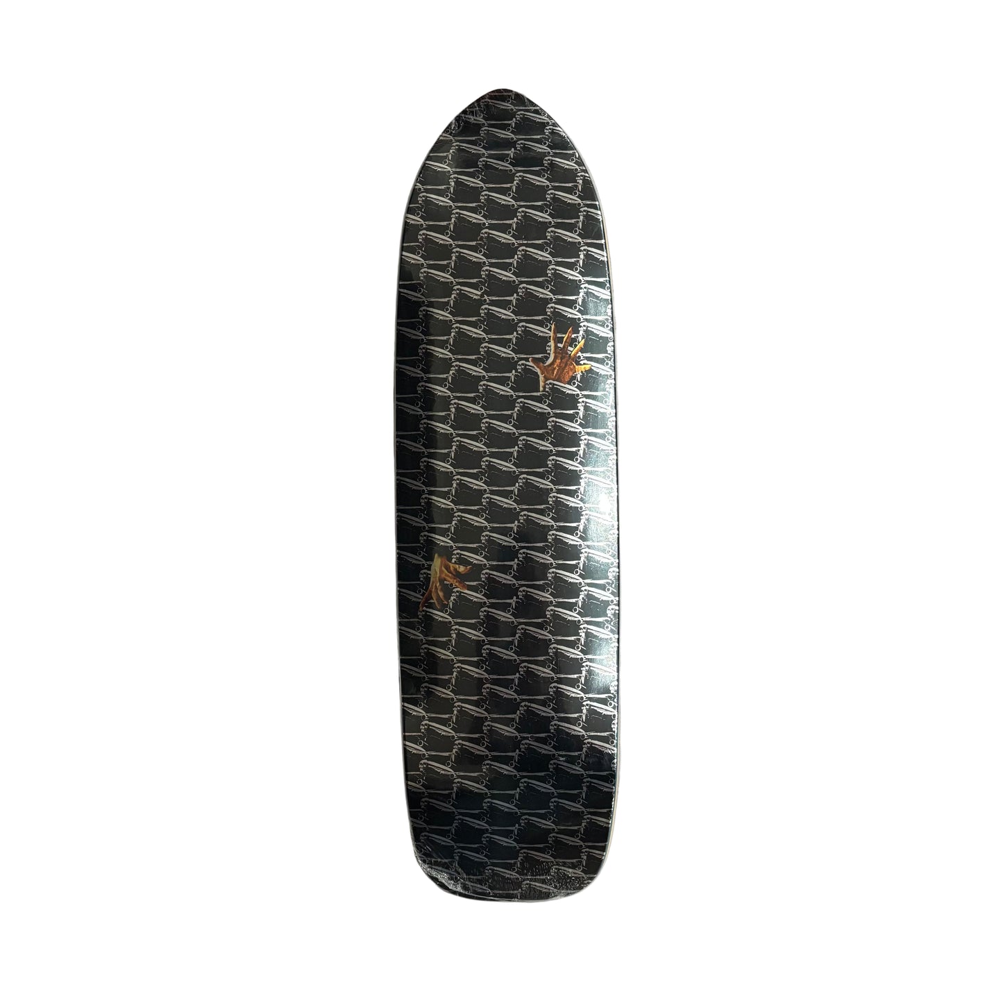 Skateboard deck with a textured multi color graphic on a white surface