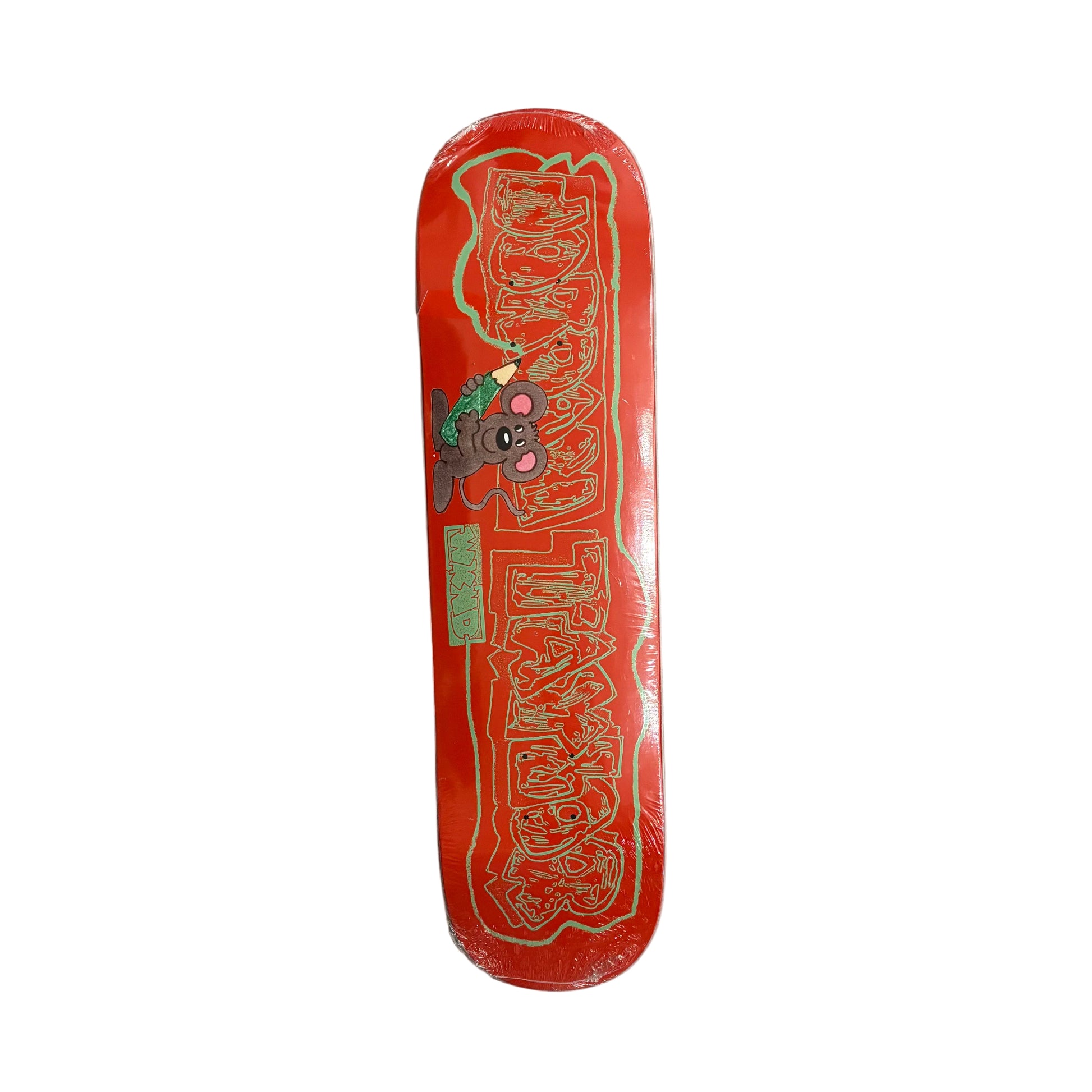 Red skateboard deck with graphics on a white surface