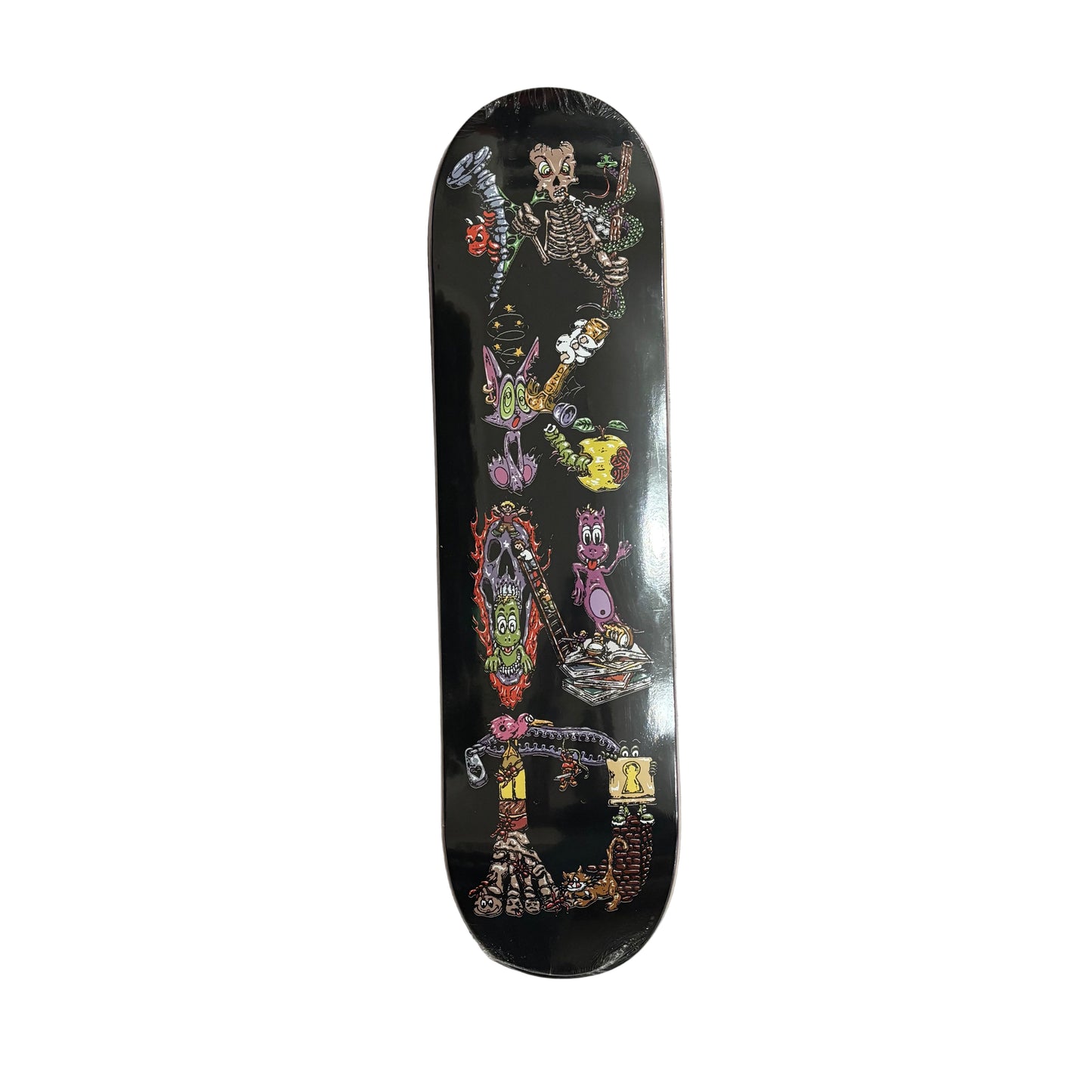 Skateboard deck with colorful skeleton design on a white surface