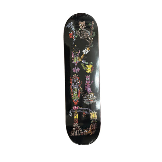 Skateboard deck with colorful skeleton design on a white surface