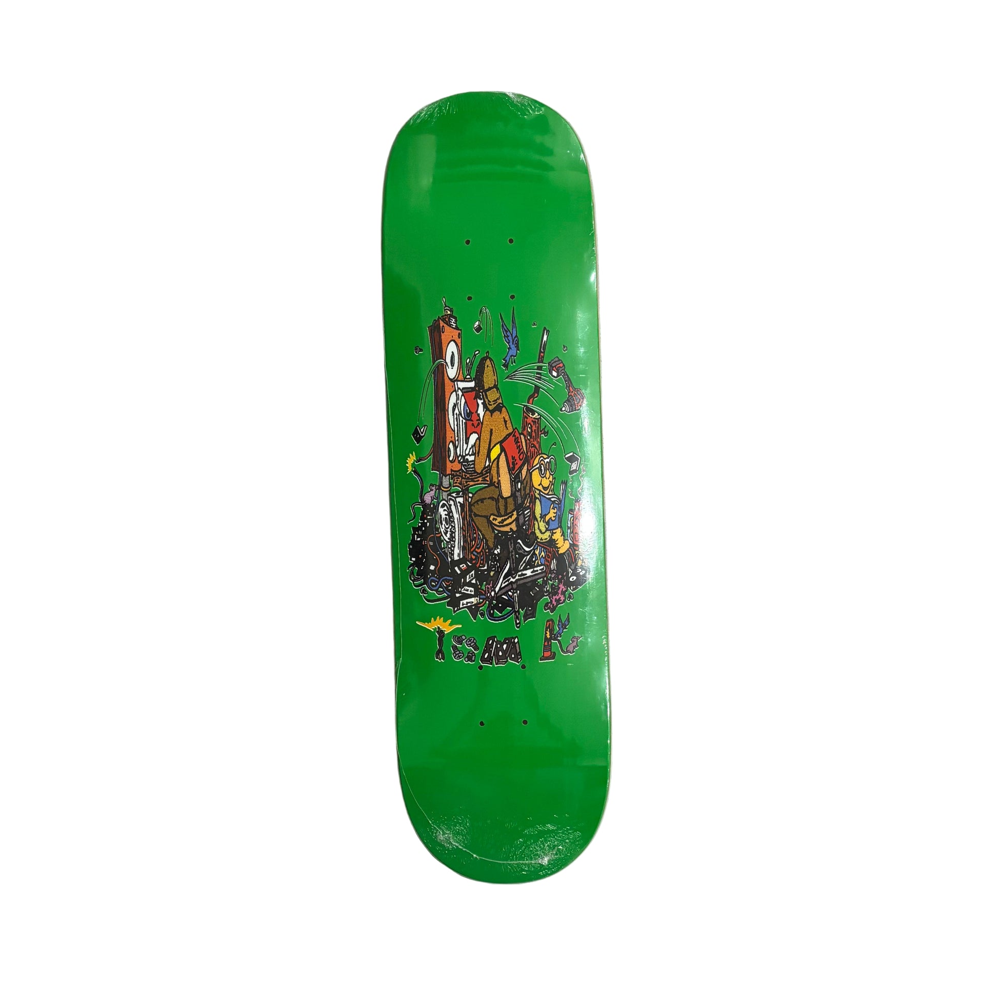 Green skateboard deck with colorful graphics on a white surface