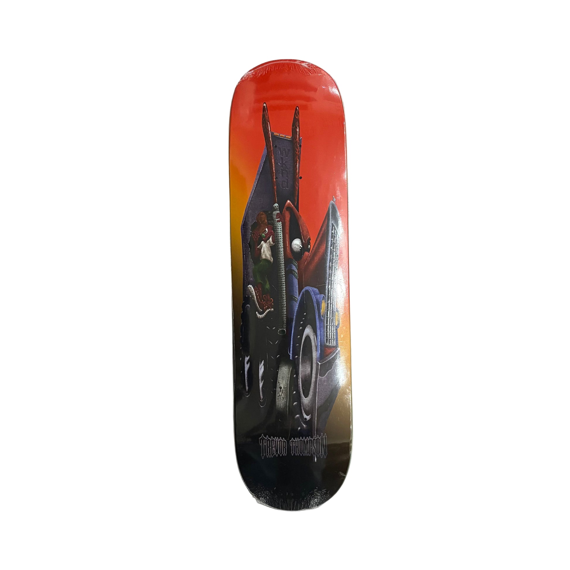 Skateboard deck with a graphic design on a white surface