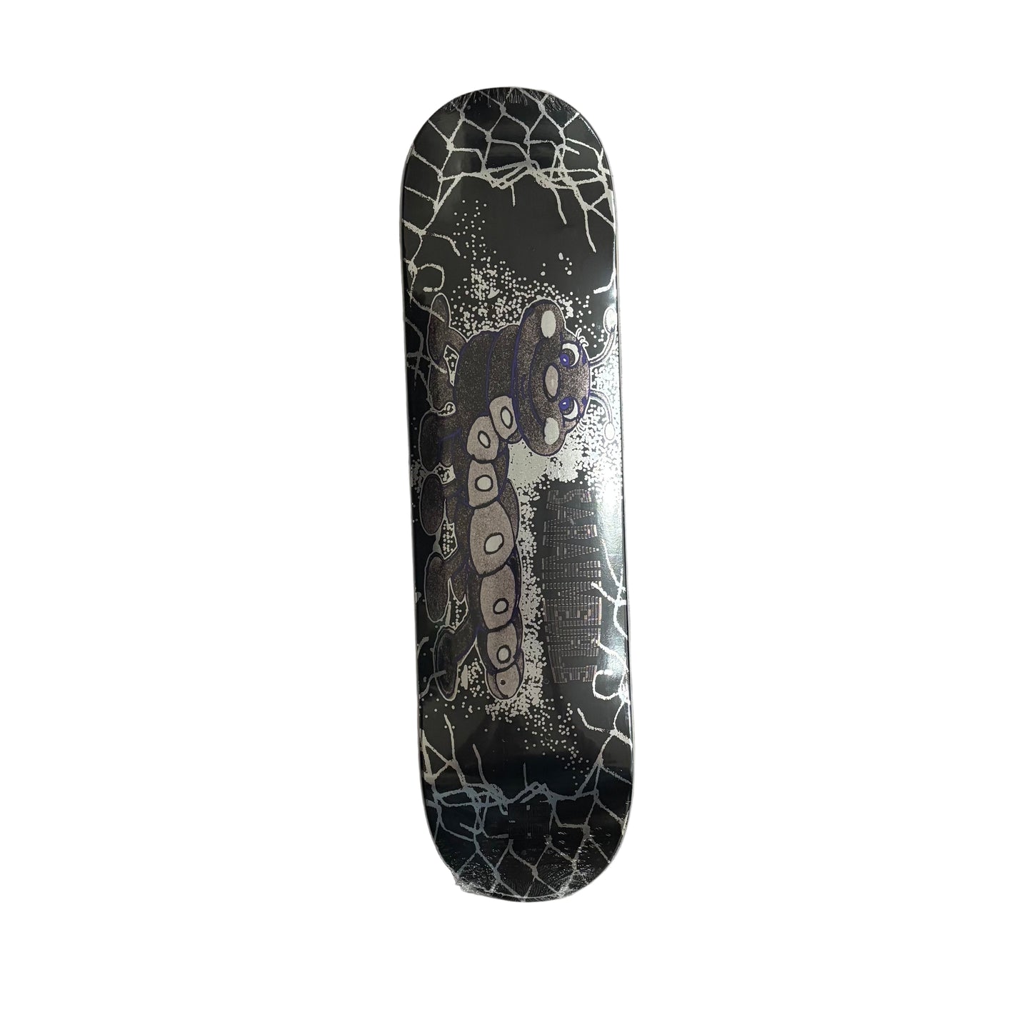 Skateboard deck with a black, silver and white design on a white surface
