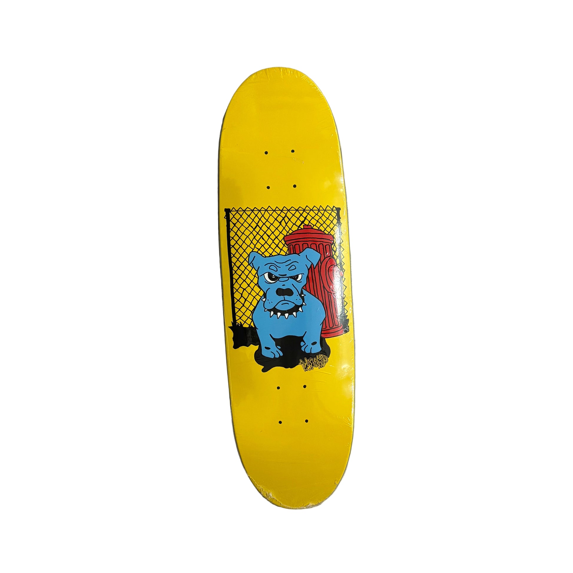 Skateboard deck with a blue dog graphic on a yellow background, leaning against a white background