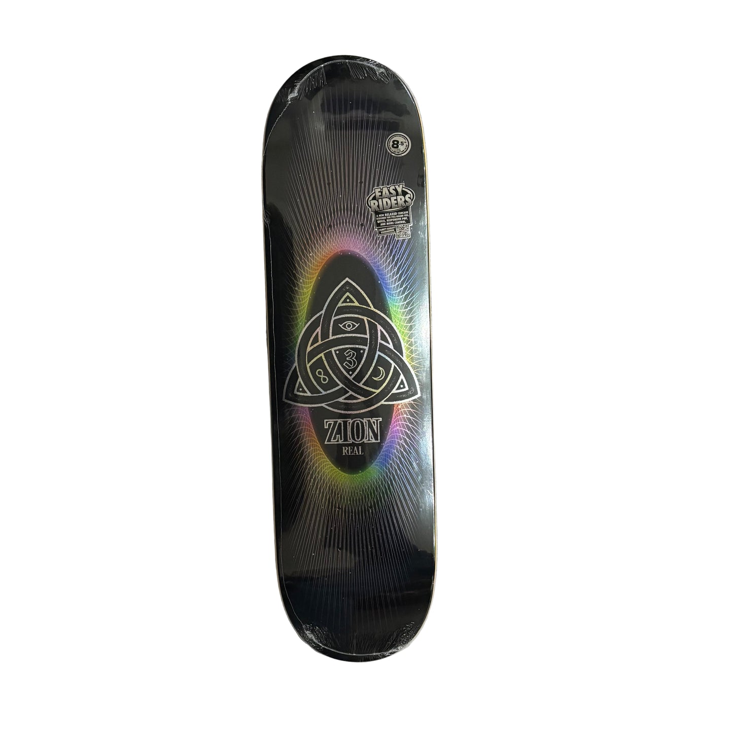 Skateboard deck with a colorful design on a white surface