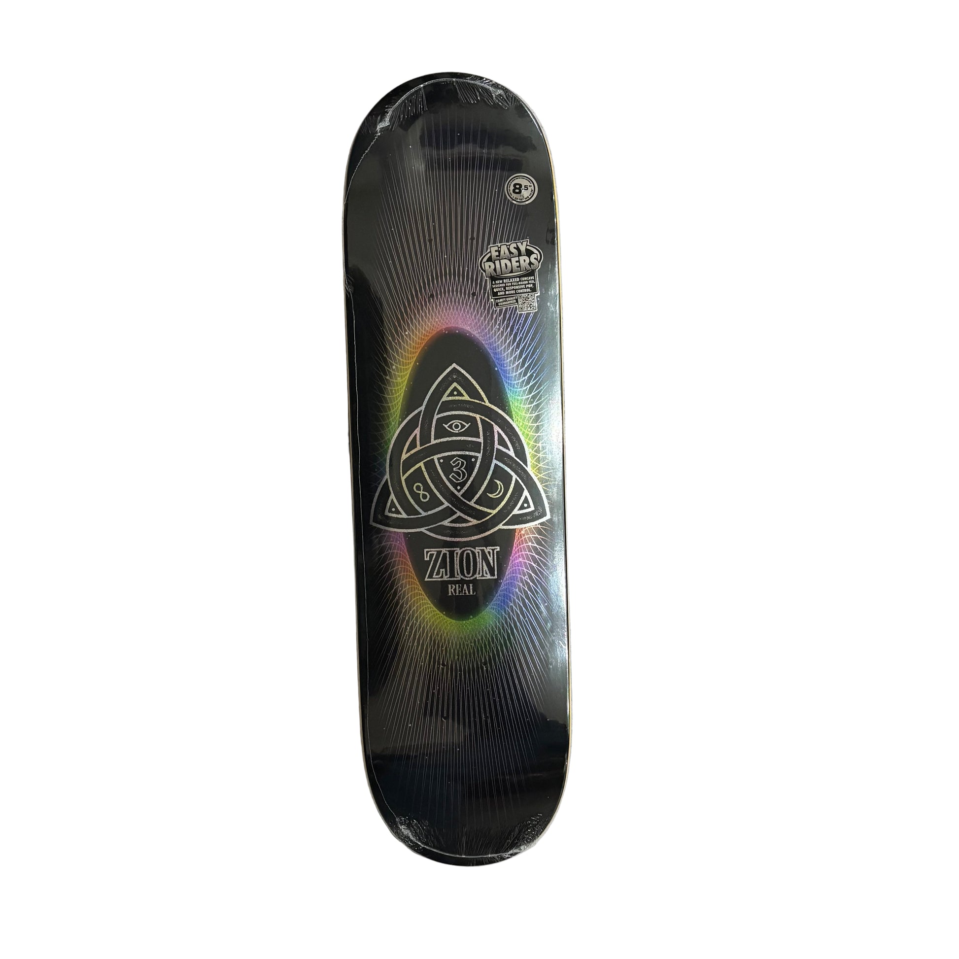 Skateboard deck with a colorful design on a white surface