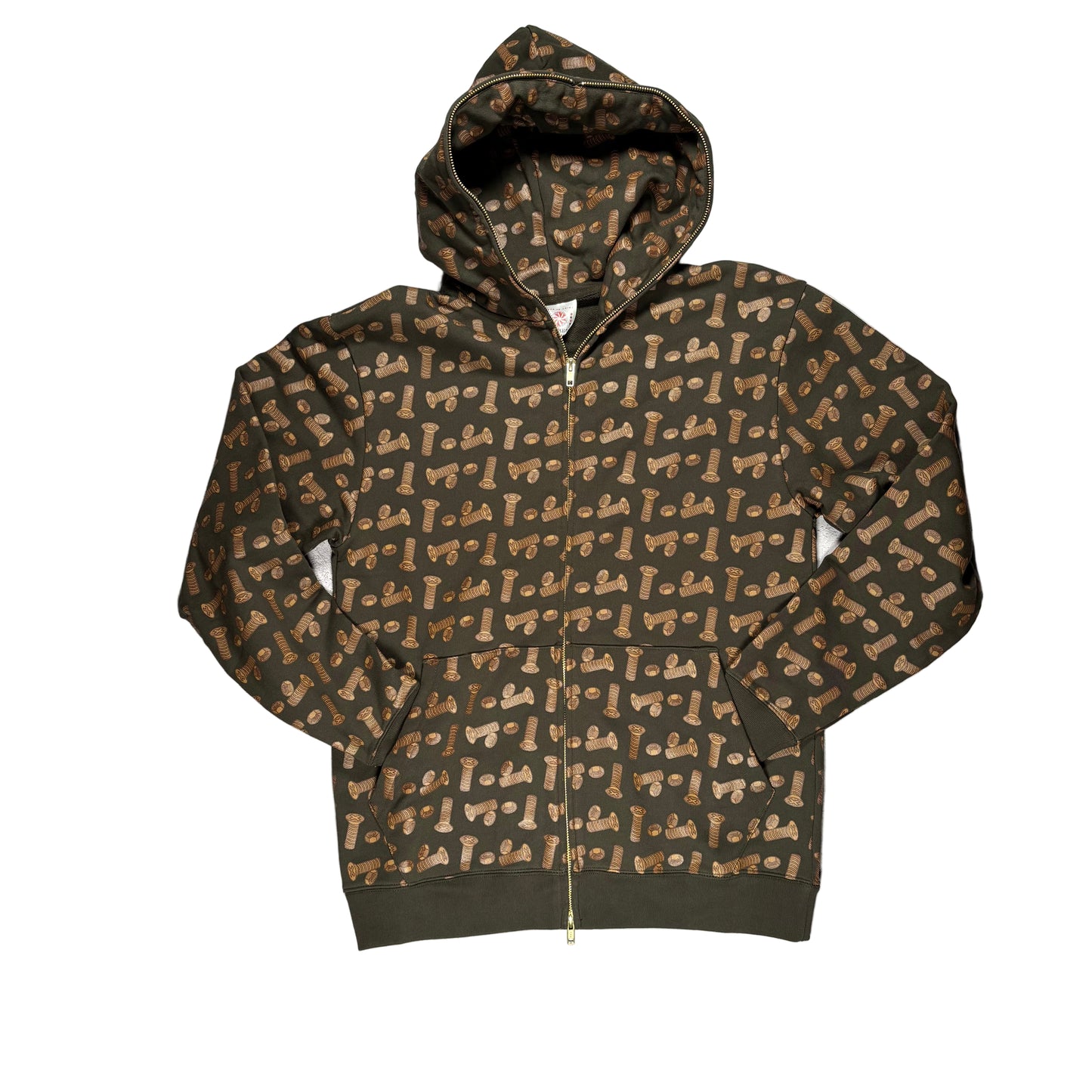 front view of bronze x ice cream hoodie with bronze colored bolt all over print pattern