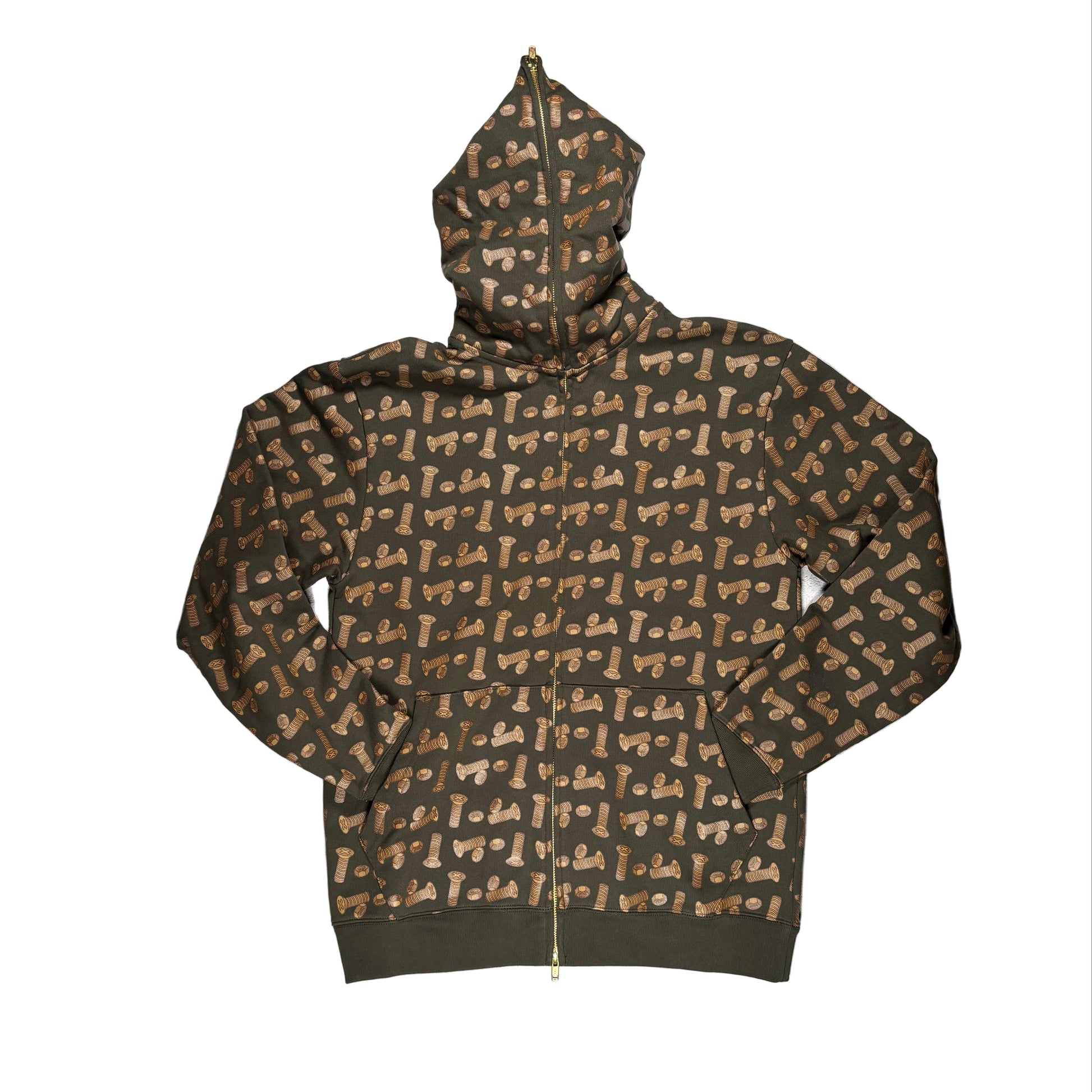 front view of fully zipped up bronze x ice cream hoodie with bronze colored bolt all over print pattern