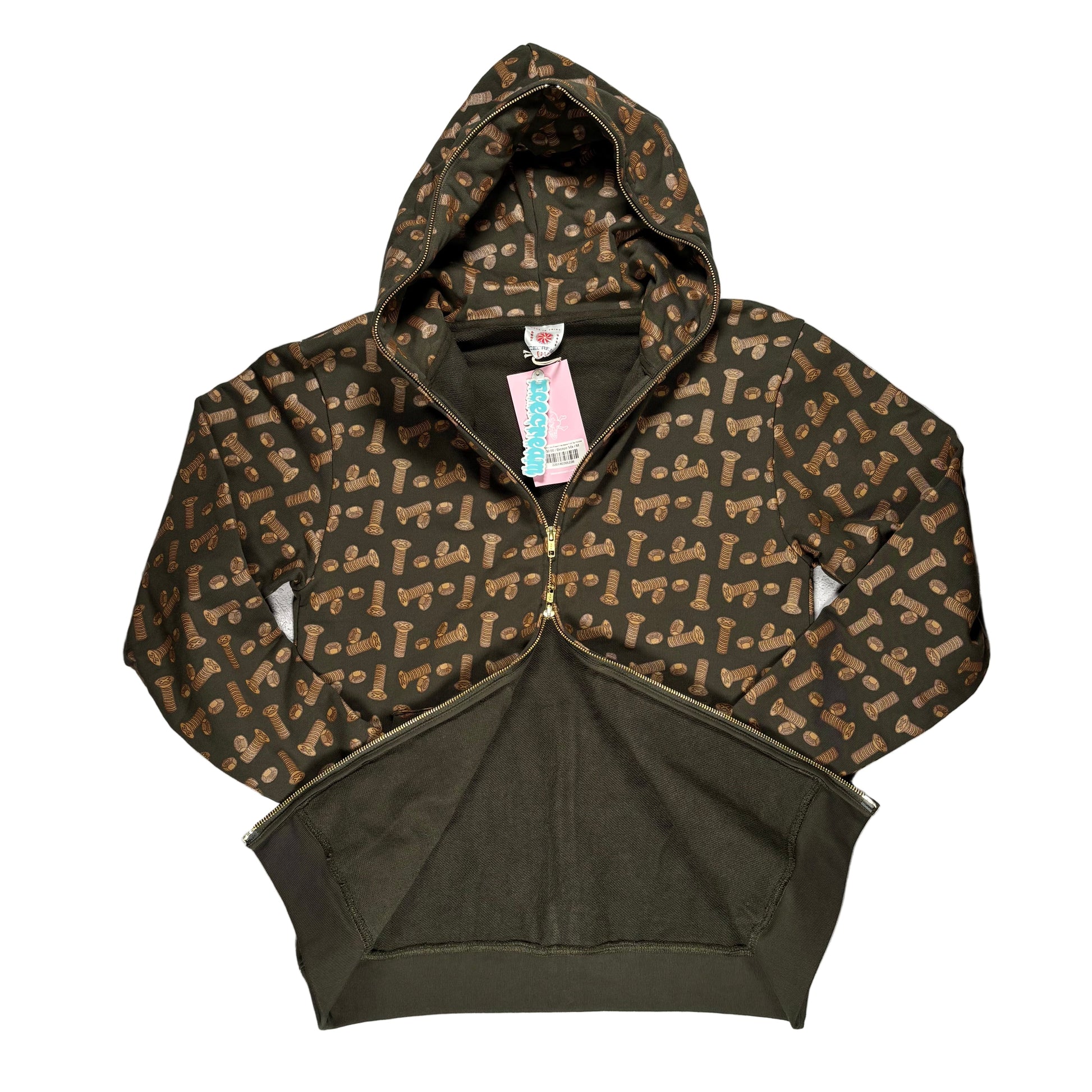 front view of unzipped from top, and bottom, bronze x ice cream hoodie with bronze colored bolt all over print pattern