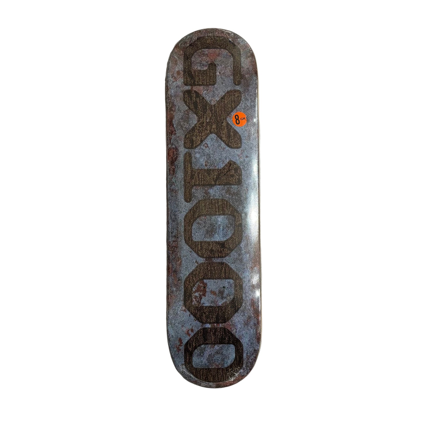 Skateboard deck with 'GX1000' branding on a white surface