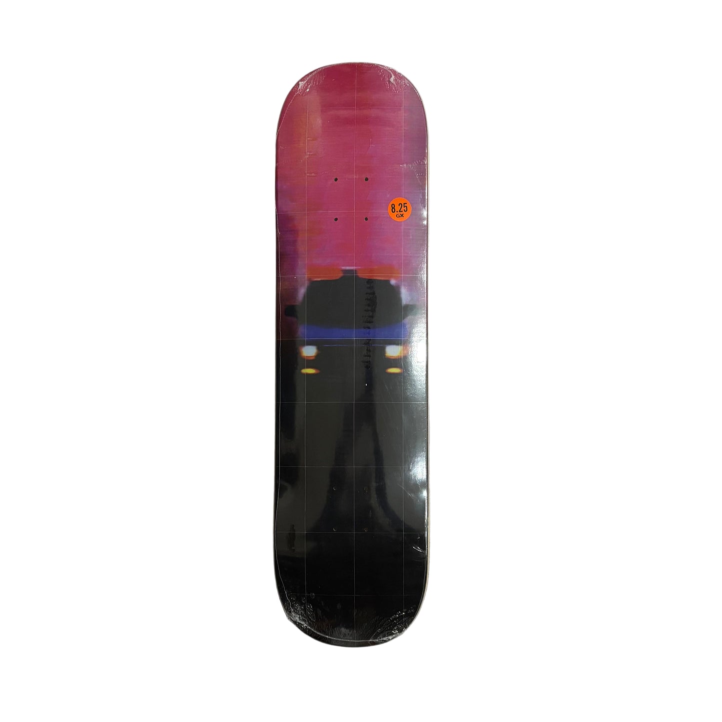 blue and pink skateboard deck with car with shining headlights on showing