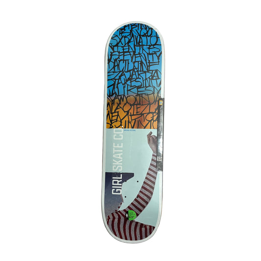 Skateboard deck with colorful design on a white surface