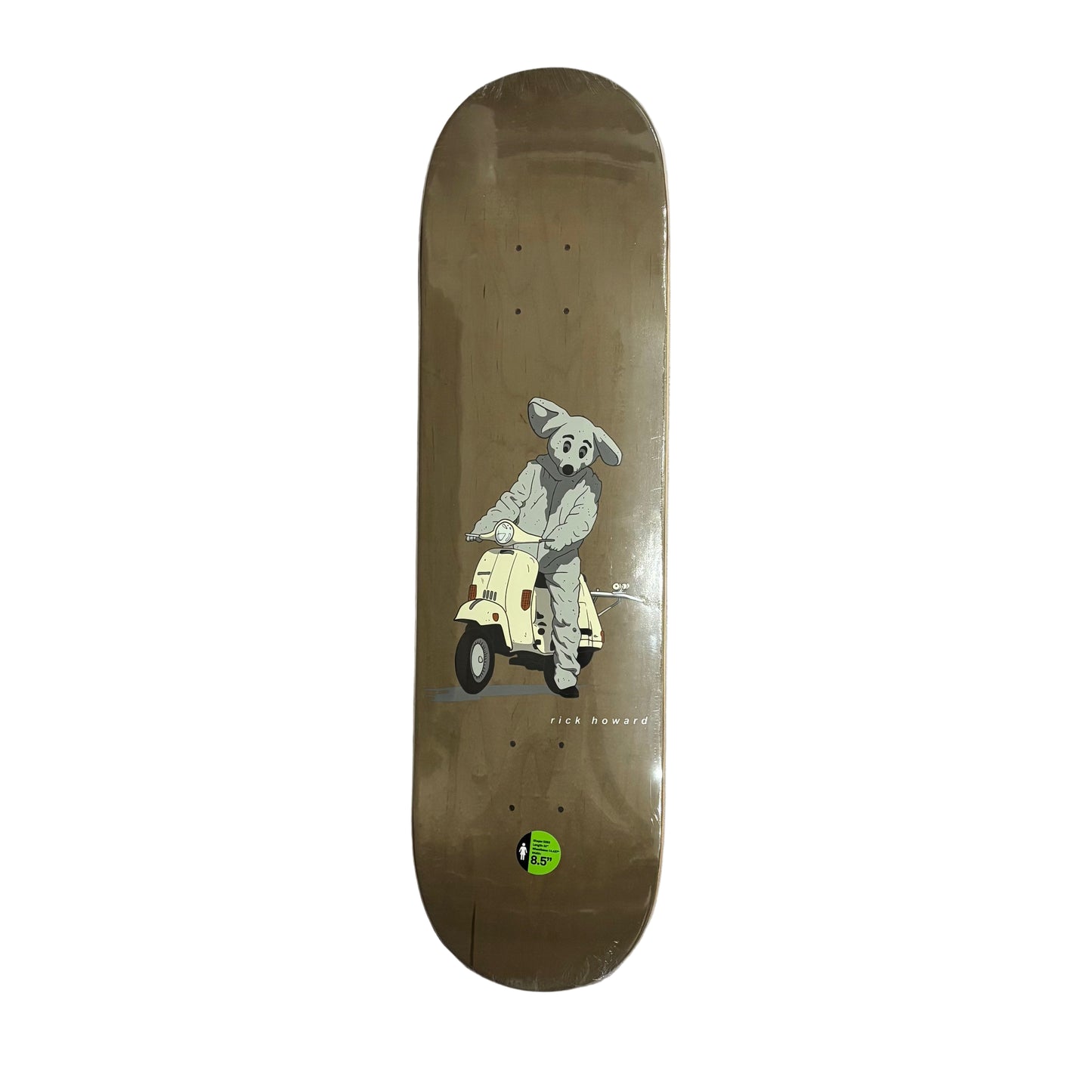 Skateboard deck with a design of a person on a scooter on a white surface.