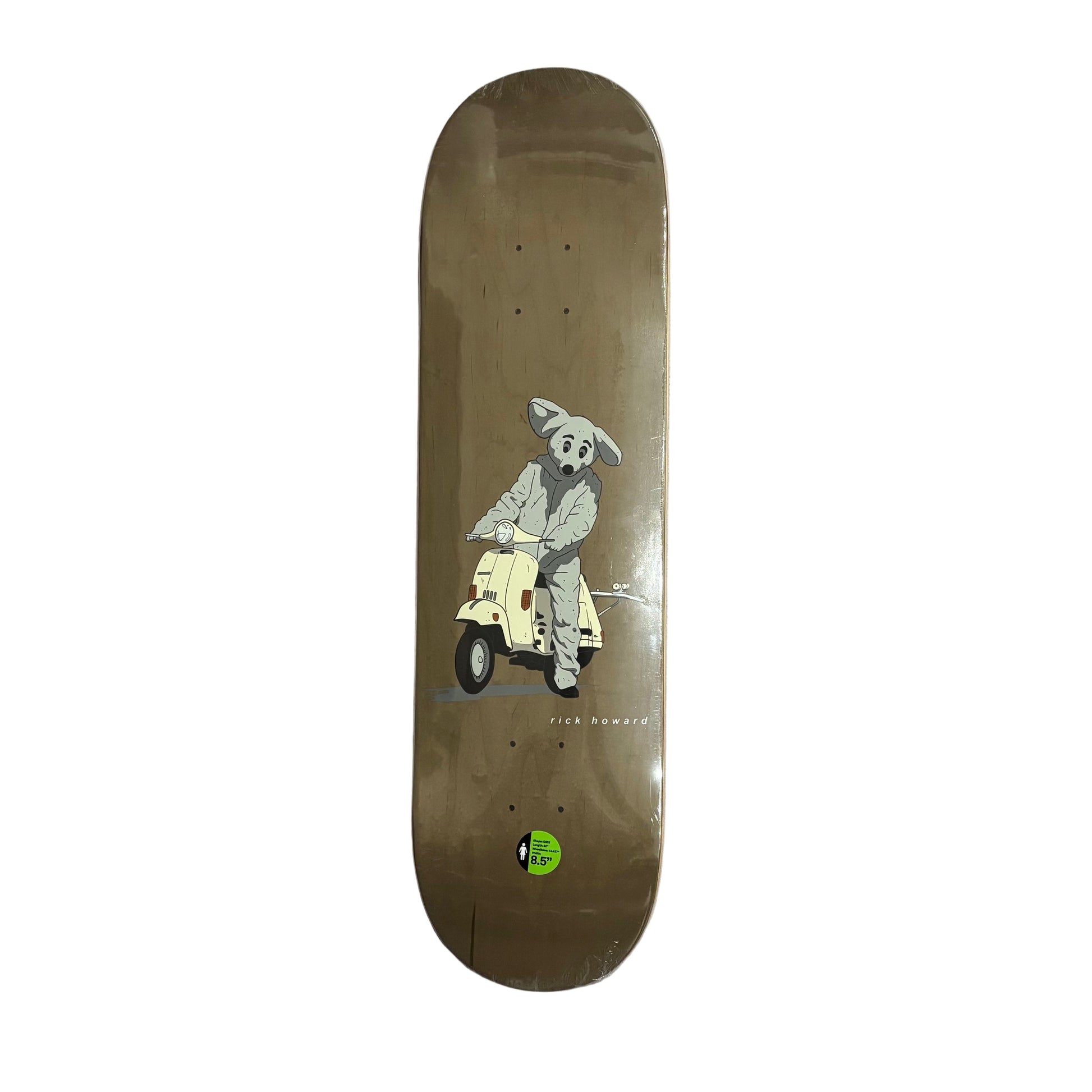 Skateboard deck with a design of a person on a scooter on a white surface.