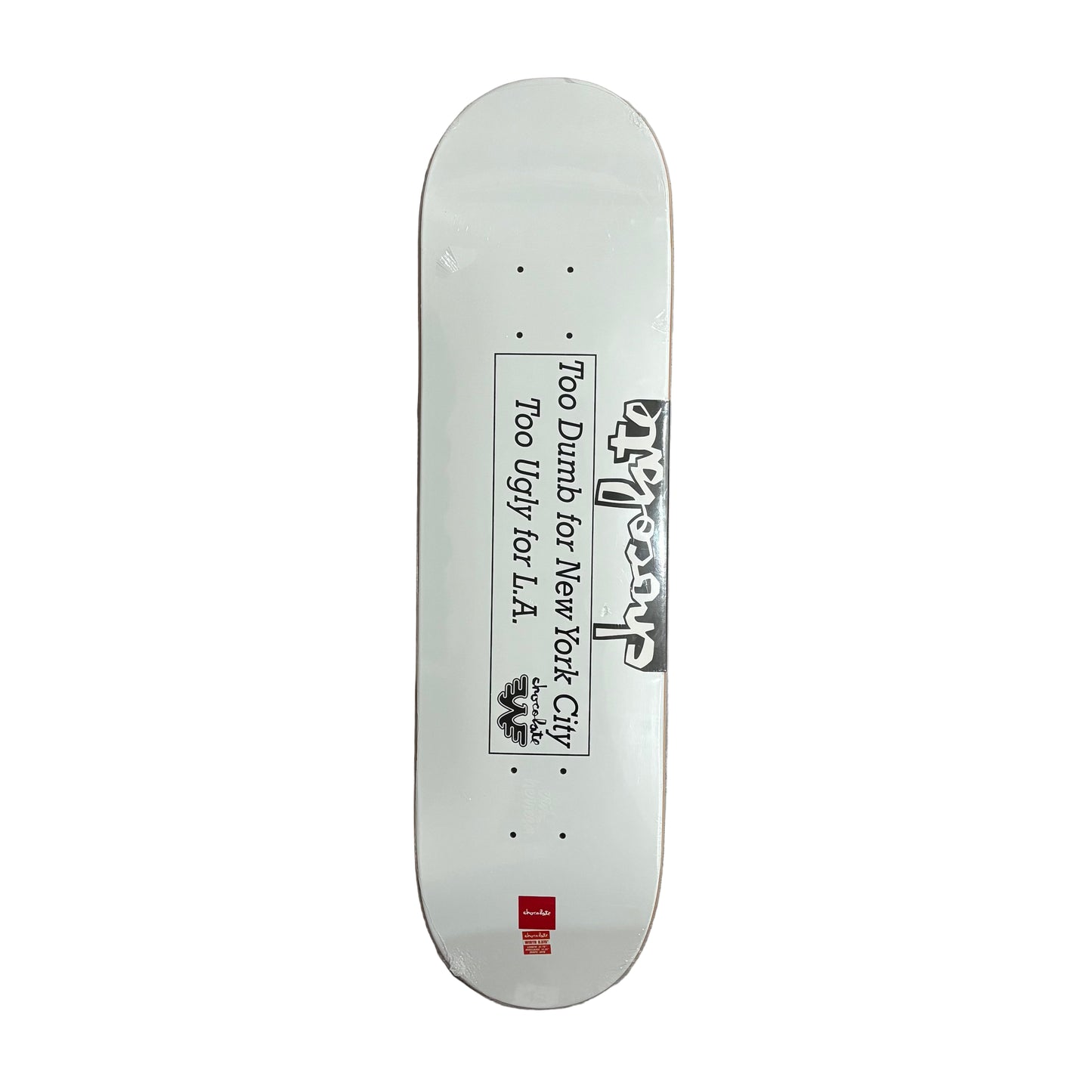 Skateboard deck with text and logos on a white surface
