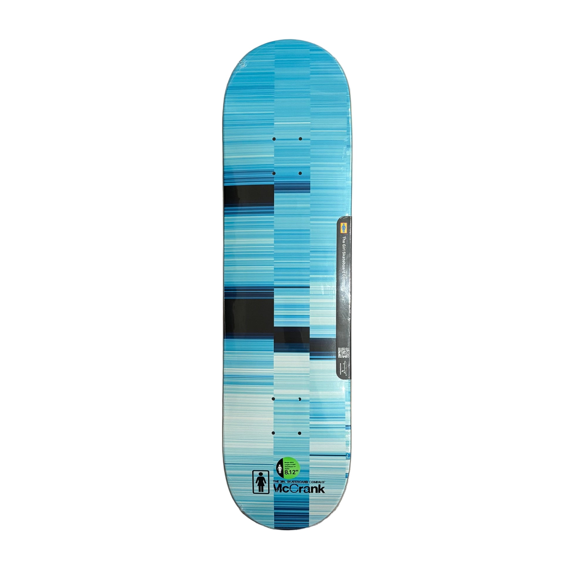 Skateboard deck with blue and gray pattern on a white surface