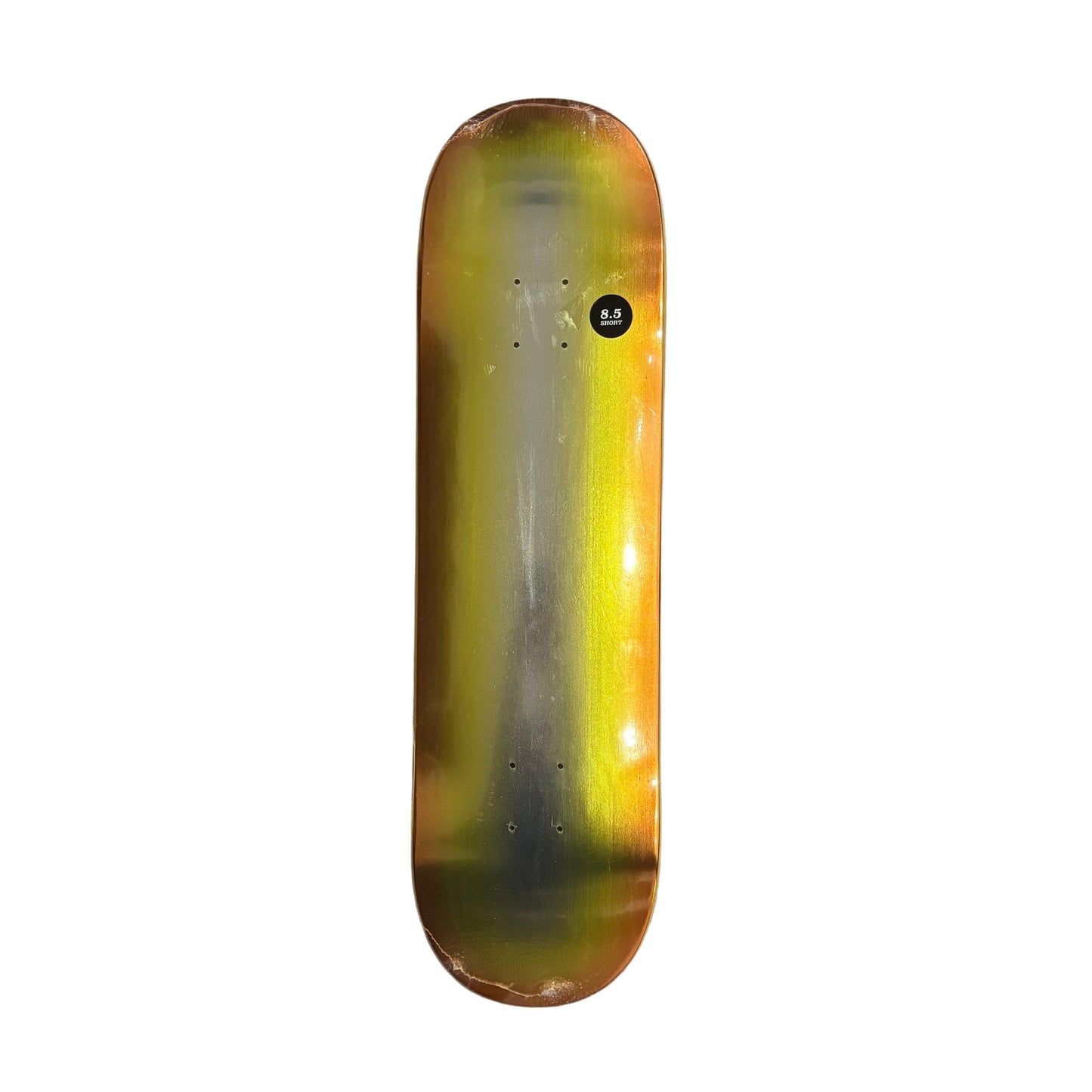 Skateboard deck with a gradient design on a white surface