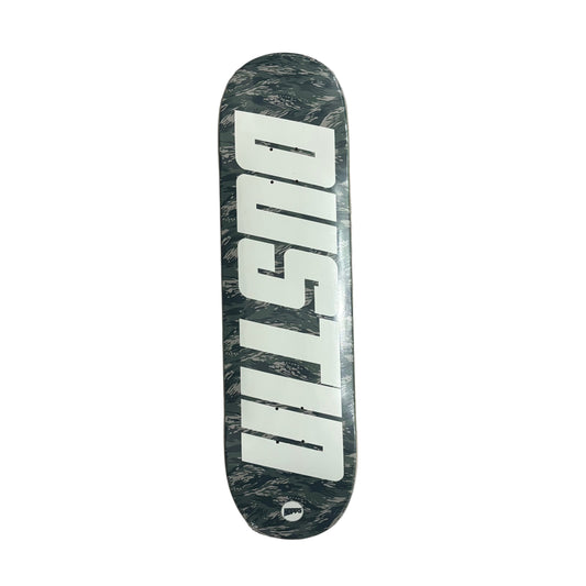 Skateboard deck with 'DUST' branding on a white surface