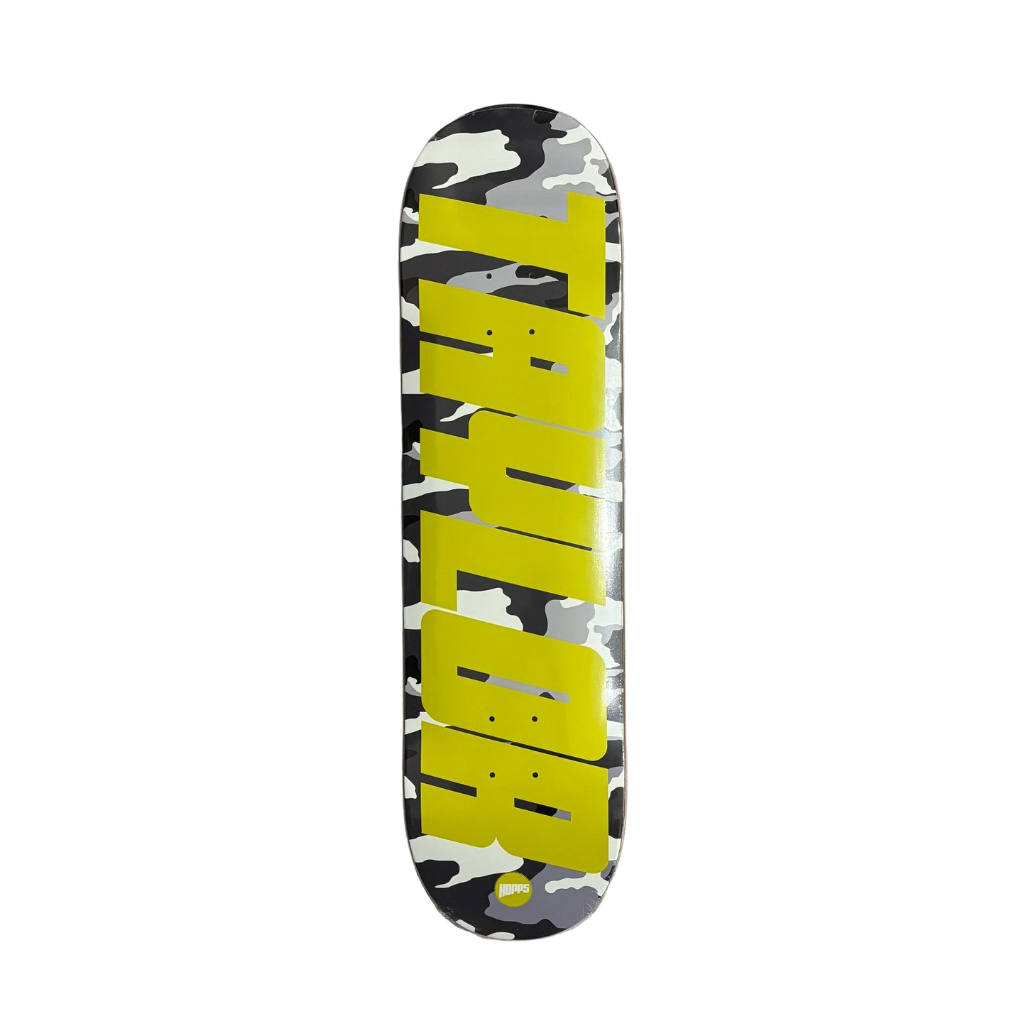 Skateboard deck with 'Taylor' branding on a white surface