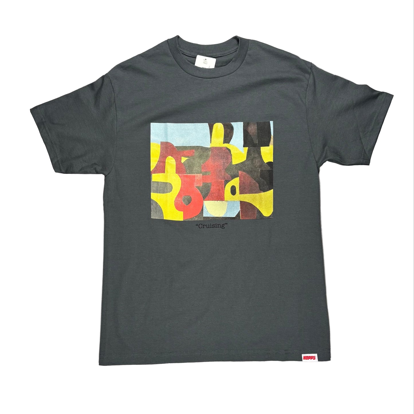 grey  t-shirt with a colorful abstract design on a white surface