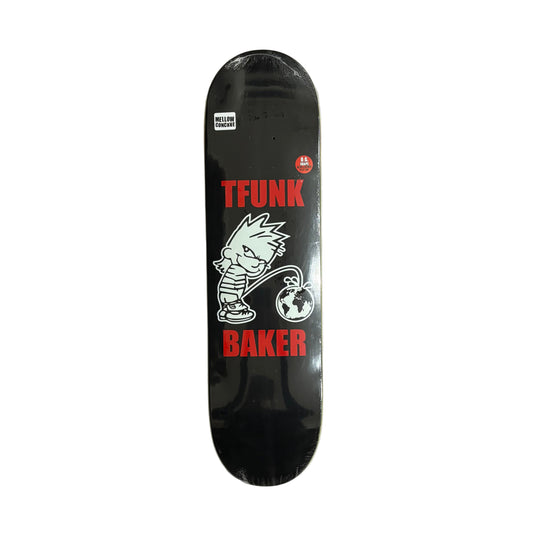 Skateboard deck with 'TFUNK' and 'BAKER' branding on a white surface.