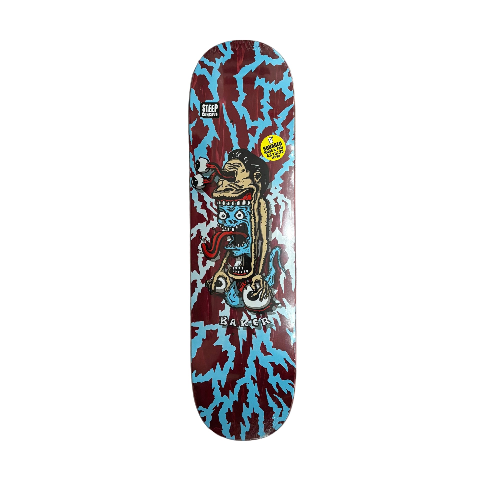Skateboard deck with colorful design on a white surface