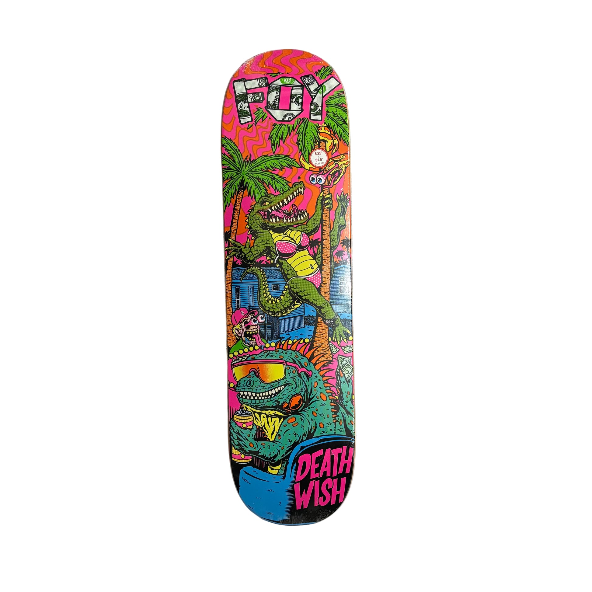 Colorful skateboard deck with graphic design on a white surface
