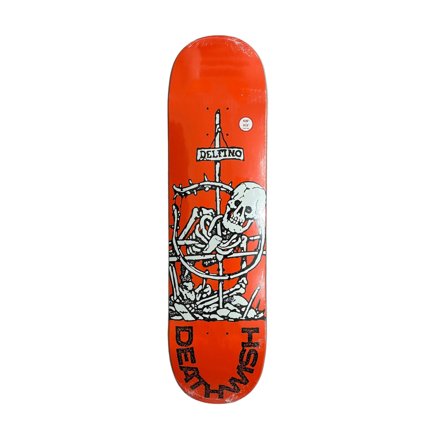 Orange skateboard deck with black and white graphics on a white surface