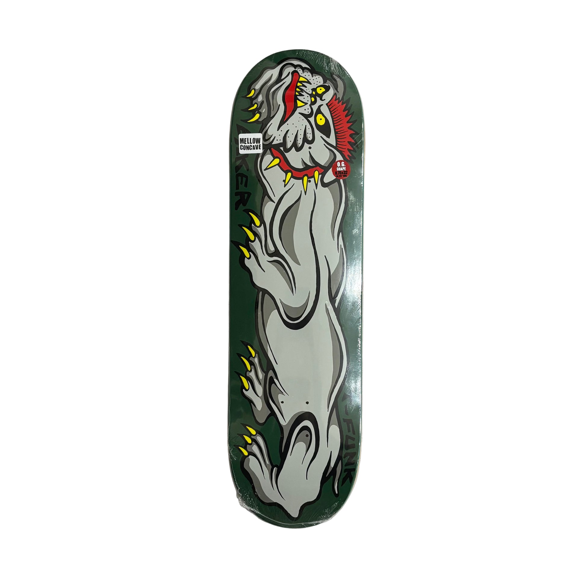 Skateboard deck with a white ghost design on a white surface