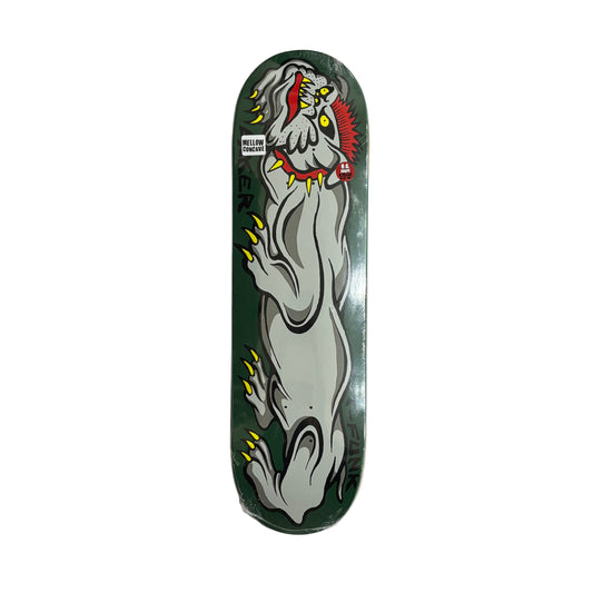 Skateboard deck with a white ghost design on a white surface