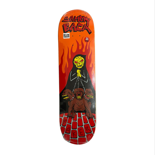 Skateboard deck with graphic design on a gray surface