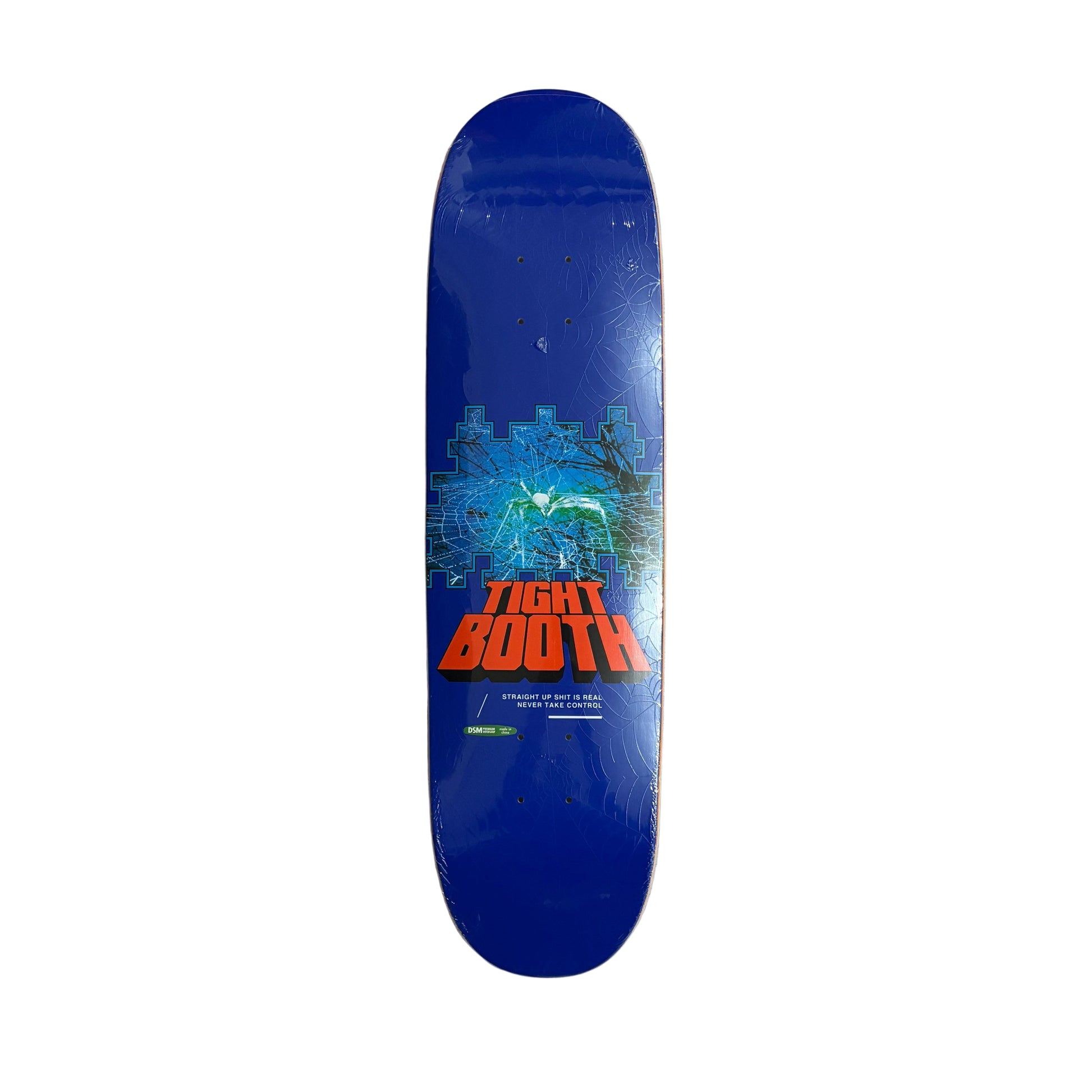 Blue skateboard deck with 'Tight Booth' text on a white surface
