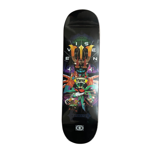 Skateboard deck with colorful graphics on a white surface