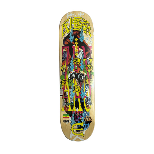 Colorful skateboard deck with intricate designs on a white surface