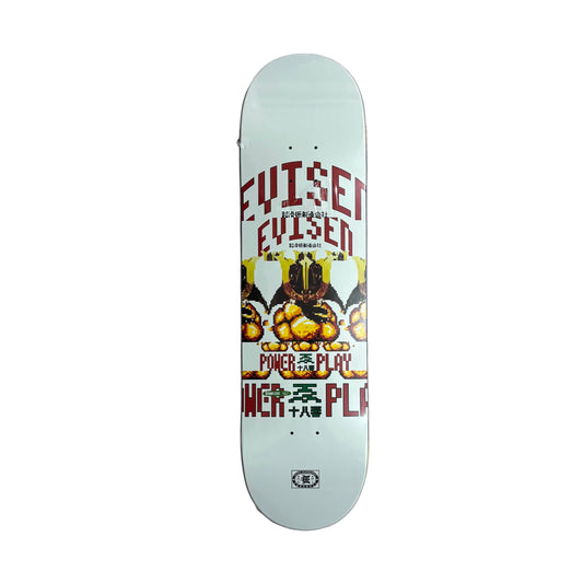 Skateboard deck with graphic design on a white surface