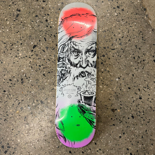 white skateboard deck with image of a wizard smoking a pipe stretched across the board with a red and green spot on the nose and tail
