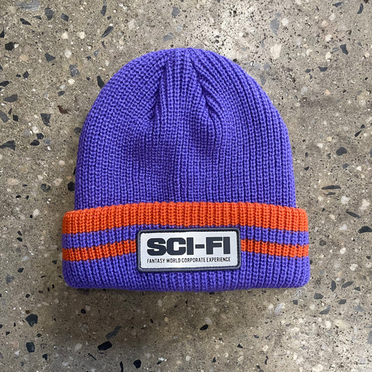 Sci-Fi Fantasy Reflective Patch Striped Beanie - Purple/Orange