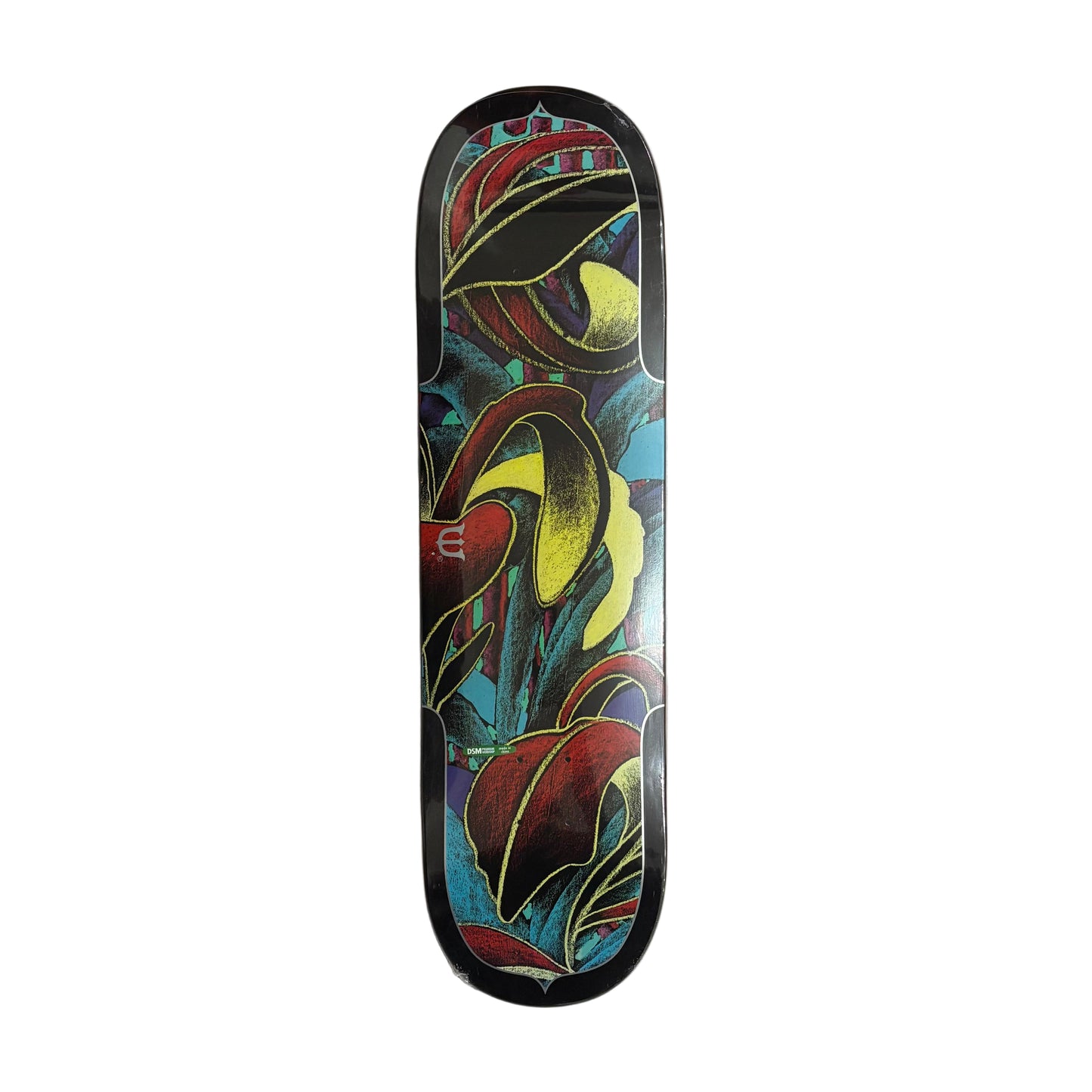 Skateboard deck with floral design on a white surface