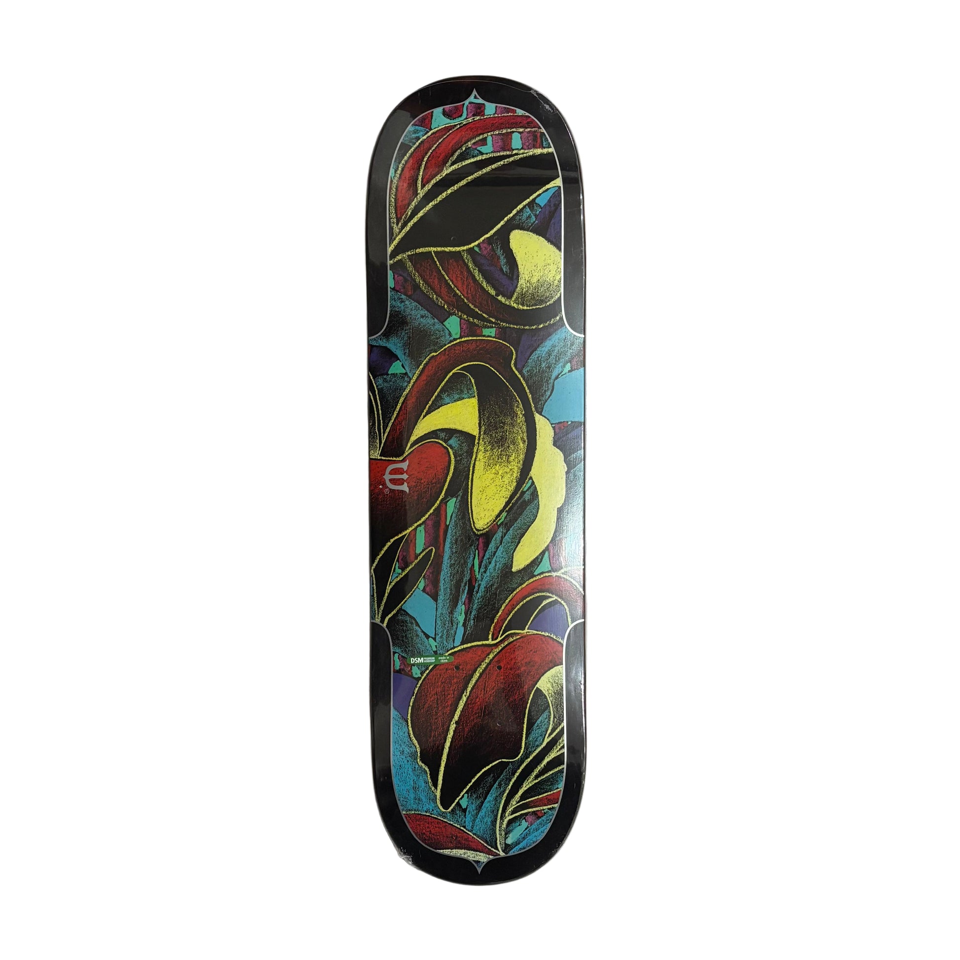 Skateboard deck with floral design on a white surface
