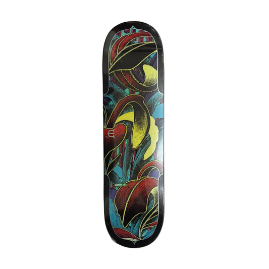 Skateboard deck with floral design on a white surface