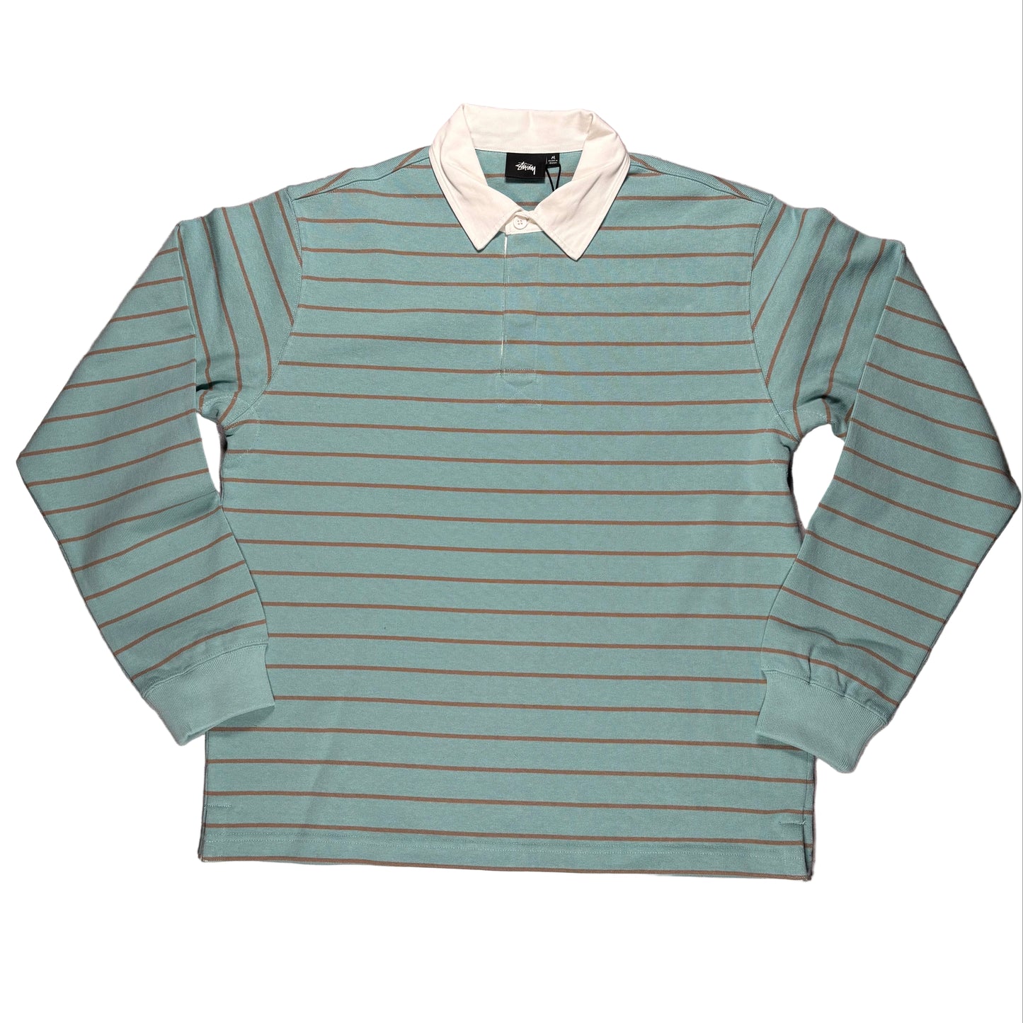 Teal and white striped long-sleeve shirt on a white surface